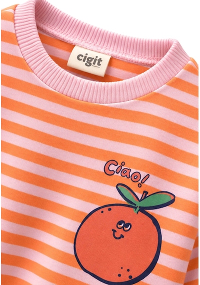 Cigit Kadife Taytlı Triko Sweatshirt Takım 1-6 Yaş Turuncu Çizgili