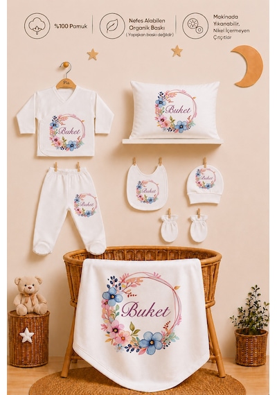 Pia Baby Kız Bebek Hastane Çıkışı 11 Parça %100 Pamuk Kişiye Özel İsimli Organik Baskılı Set 1036110x Ekru