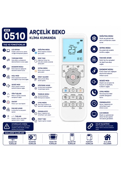 Arçelik Beko 0510 Lcd Ekranlı Klima Kumandası .