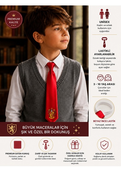 Herşeynota Harry Potter Gryffindor Kravat Kırmızı Renk Ayarlanabilir Lastikli 3-10 Yaş Unisex Çocuk Kravatı Açık Gri