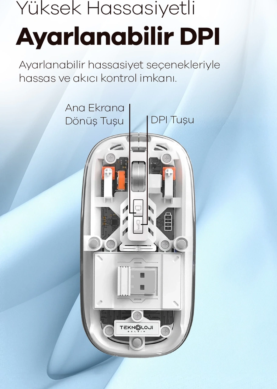 Bluetooth Usb Çift Modlu Sessiz Mouse, Şeffaf Mıknatıslı Kapaklı, Type-c Şarjlı, Dpı Ayarlı, Kablosuz 10m Çekim Mesafeli, Masaüstü Kısayol Tuşlu, Taşınabilir Şarjlı Mouse Turuncu