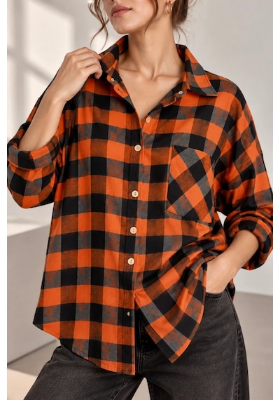 Bb Butik Basic Kadın Ekose Gömlek Oversize Oduncu Gömlek Uzun Kollu Cepli Günlük Tr0935 turuncu