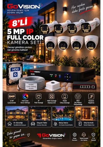 Go Vision 8'li Güvenlik Dome Bullet Ip Kamera Seti - 3.6mm Lens, H.265, Poe, Warm Led Gece Görüşlü