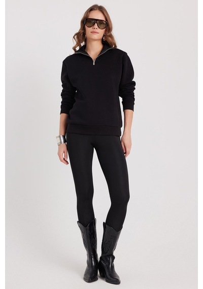 Tudors Kadın Relax Fit Rahat Kesim Pamuklu İçi Polarlı Yarım Fermuarlı Siyah Dik Yaka Sweatshirt-37888 SiYAH