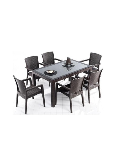 Novussi Liverno Rattan KAHVE Masa Takımı 90*150 Camlı Masa 6 Adet Kahverengi