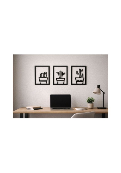 Arliadesign 3 Parçalı Kare Şeklinde Kaktüsler Ahşap Tablo Seti / Duvar Dekoru / Siyah 3 Mm Mdf