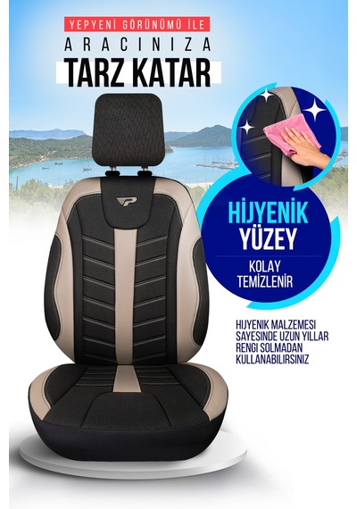 Siyah - Bej Garni Panda Mardin Serısı Keten Kumaş Oto Koltuk Kılıfı - Tam Set