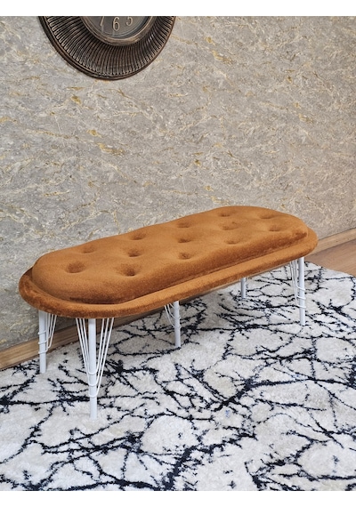 Zafir Ufo Oturak Bench - Beyaz Boyalı Telli Ayak - Oturak - Bench - Puf - Yatak Ucu Pufu Turuncu