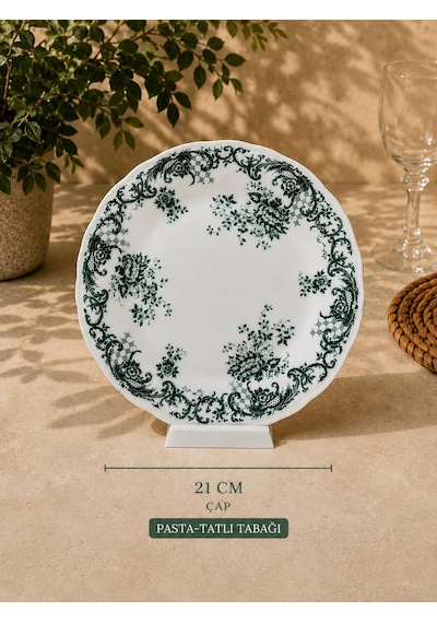 6 Kişilik 24 Parça Vintage Yeşil Desenli Porselen Yemek Takımı Seti