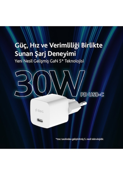 Ttec 2SCP03CB Smartcharger Gan 30W PD Seyahat Hızlı Şarj Aleti + USB-C - USB-C 3A Kablo