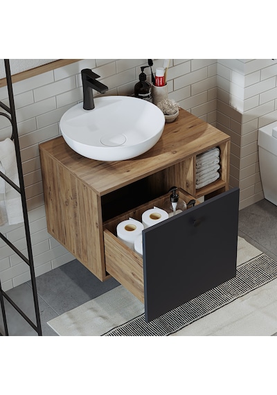 Ayaksız Lavabolu Mdflam 65 Cm Çekmeceli Banyo Dolabı Atlantik Çam - Antrasit