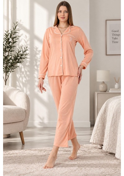 Gd Goldoremi Premium Boydan Düğmeli Rahat Örme Kumaş Uzun Kol Pijama Takımı PEMBE