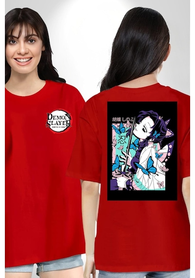 Shinobu Kocho Demon Slayer Kırmızı Oversize Unisex Ön Ve Sırt Baskılı Tişört Kırmızı