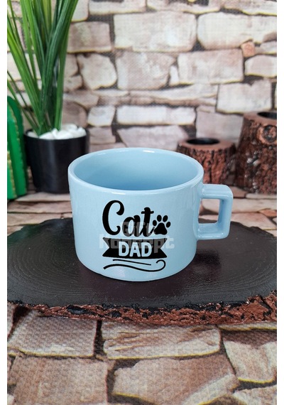 Cat Dad Baskılı Kedi Babası Kedisever Kare Kulplu Fincan Mavi Kupa Bardak MAvi