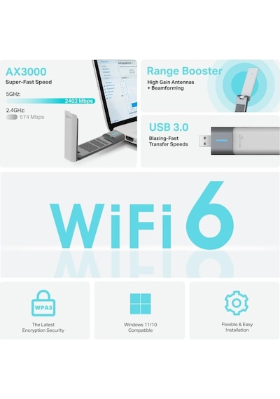 Tp-link Archer Tx50uh, Ax3000mbps Usb Adaptörü, Wi-fi 6, Usb 3.0,