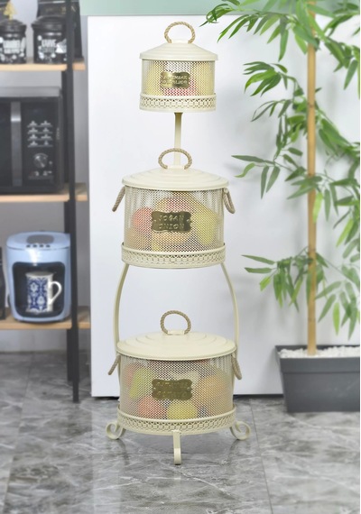 Metal Standlı 3 Katlı Delikli Patates Soğan Sarımsak Kovası Krem Çok Renkli