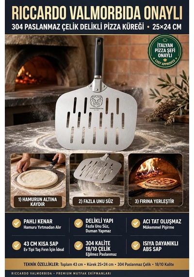 Delikli Pizza Küreği 18/10 Çelik 25x24 Cm Kısa Saplı Ev Tipi Taş Fırın Pizza Pateli 723461 Diğer