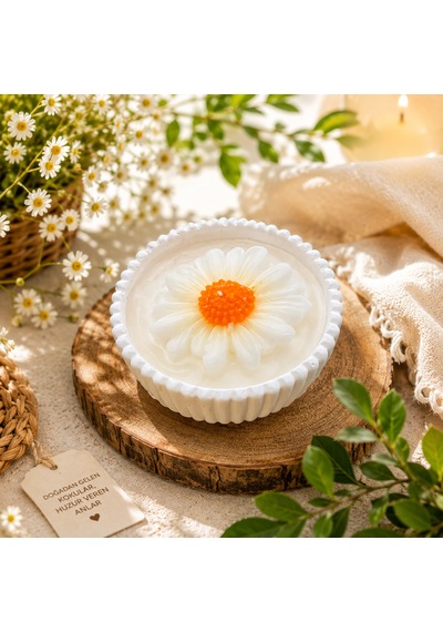 El Yapımı Papatya Mum Ve Mumluk Saksı Beyaz Papatya