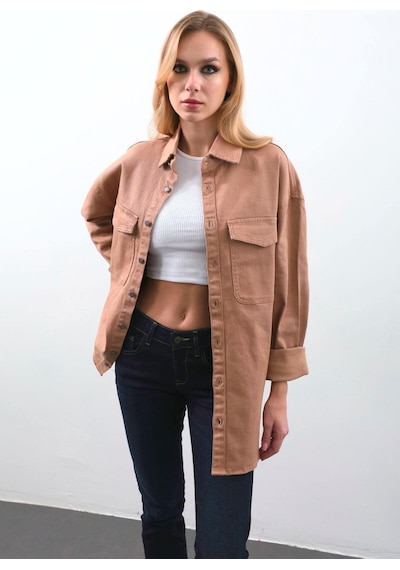 Kadın Oversize Jean Gömlek Bej 001