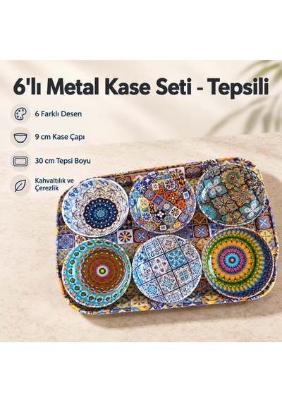 Tepsili 6'lı Metal Kase Seti Çok Renkli