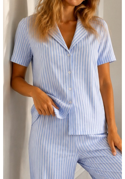 Kadın Loose Kalıp Pamuklu Mavi Pijama Takımı