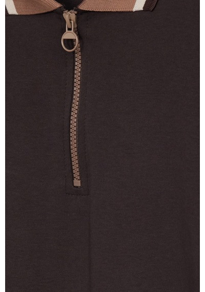 Tudors Erkek Slim Fit Dar Kesim %100 Pamuk Kısa Kollu Yarım Fermuarlı Kahverengi Polo Yaka Tişört-50746