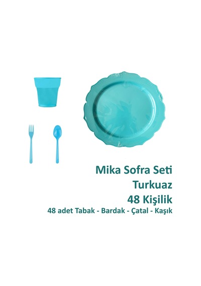 Omeyva 26 Cm. Plastik Mika Turkuaz Sorfa Piknik Seti - 48 Kişilik Tabak Bardak Çatal Kaşık Takımı
