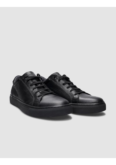 % 100 Hakiki Deri Siyah Bağcıklı Erkek Sneaker-siyah Siyah