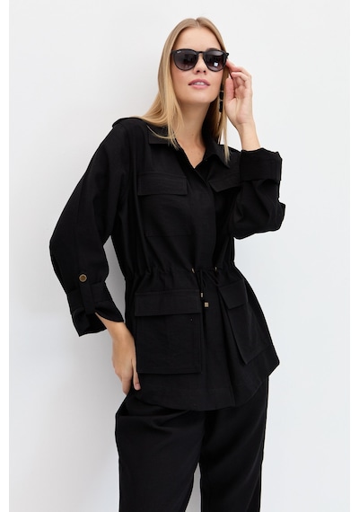 Kadın Safari Model Keten Ceket Siyah Siyah