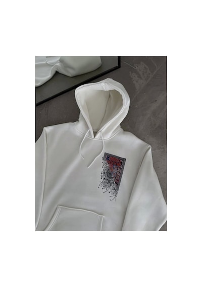 Butik İstanbul Uzun Kol Kapşonlu Ön Ve Arka Baskılı Sweatshirt - Beyaz