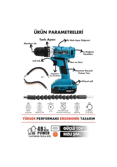 Assur Ş036-SARI 12V Çift Akülü Şarjlı Vidalama Mavi