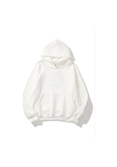 Mbb E-ticaret Kadın Kapüşonlu Kanguru Cepli 3 İplik Pamuklu Düz Hoodie Sweatshirt - Beyaz