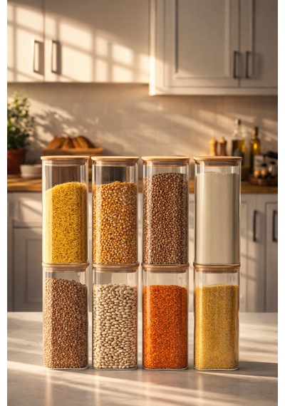 Porsima 7-4 Bambu Vakumlu Kapaklı Kare Borsilikat Cam 8li Kavanoz Seti Saklama Kabı 1900ml 9,5x27cm