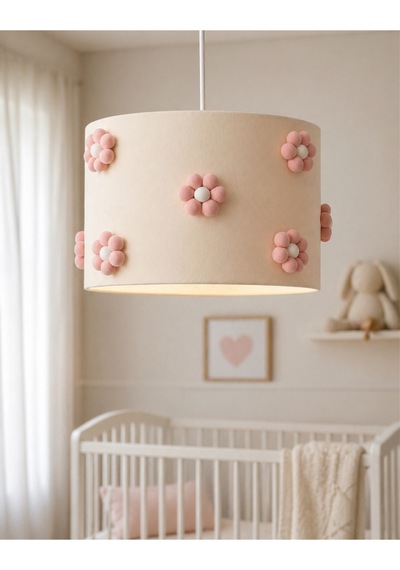El Yapımı Ponpon Çiçekli Bebek Odası Avizesi 30x20 Cm Pudra Krem Çocuk Odası Aydınlatma Pudra Pembe
