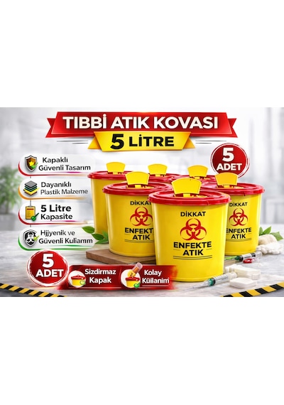Tıbbi Atık Kovası 5 Litre 5 Adet Kapaklı Tıbbi Atık Kutusu Enfekte Atık Kovası