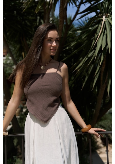 Mai Collection Mai Studios Co. Kita Üçgen Detay Çizgili Kahve Keten Crop Kahve