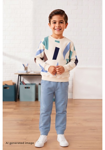 Pina Kids Erkek Çocuk Geometrik Desenli Okul Günlük Eşofman Takımı Esf7038 Mavi