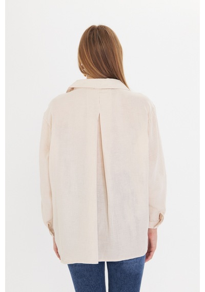 Thiffgymwear Kadın Oversize Basic Cepli Müslin Gömlek Bej