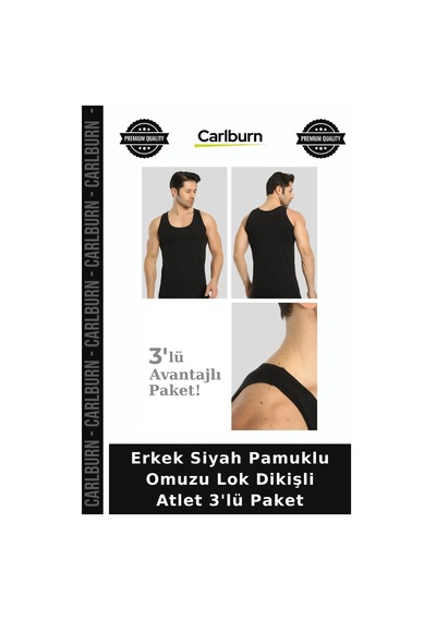 Carlburn Özel Seri Erkek Siyah Pamuklu Omuzu Lok Dikişli Atlet 3'lü Paket Düz Üst Klasik