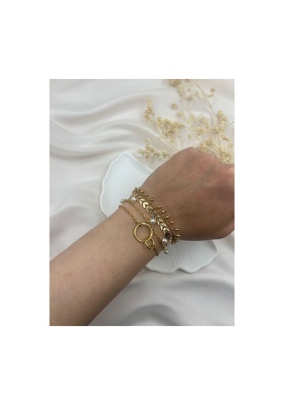Lunarie Gold İnci Ve Yaprak Detaylı 4 Lü Kadın Bileklik Seti Altın