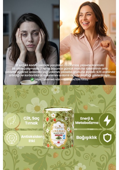 Çift Hidrolize Toz Kolajen Peptitleri 10gr & 2gr Saf Matcha Detox Doğal Çilek Aroması 30 Saşe