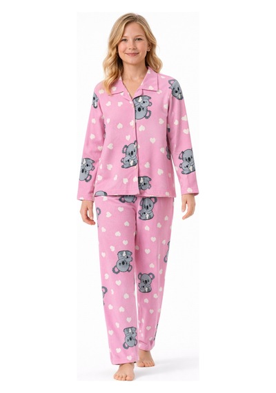 Free Beka Pembe Koala Desenli Uzun Kollu Önden Düğmeli Gömlek Yaka Anne Kız Pijama Takımı Kombin