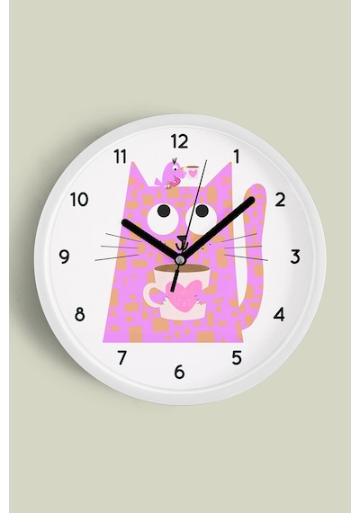 Kahve Içen Kedi Tasarım Modern Duvar Saati - Çocuk Odası Duvar Saati - 25cm - Önü Camlı Beyaz Kasa-jh1171 Beyaz