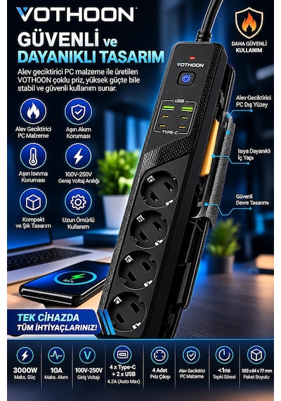 4'lü Akım Korumalı Çoklu Priz 4 Type-c 2 Usb Girişli 4.2a Hızlı Şarj Destekli Priz 3000w 2 M