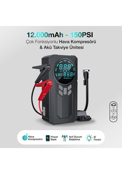 Yek Outdoor Akıllı Dijital Ekranlı Araç Lastik Şişirici Ve Akü Takviye Cihazı 150 Psı 12.000 Mah