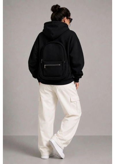 Freedom Storee Kadın 3 İplik Şardonlu Tam Fermuarlı Kapüşonlu Arka Çanta Detaylı Sweatshirt - Siyah Çok Renkli