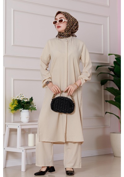 Sevitli Yırtmaç Detaylı Tunik Pantolon Takım-bej-4865