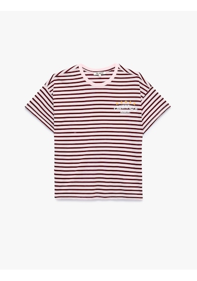 Koton Regular Fit Kısa Kollu Bisiklet Yaka Baskılı Çizgili Tişört Pembe Çizgili 6sal10877ık