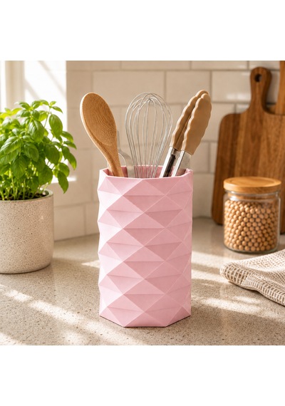 Geometrik Tasarımlı Mutfak Kaşıklığı Organizeri 10 Cm Çap Geniş İç Hacimli Tezgah Üstü Kaşıklık Açık Pembe