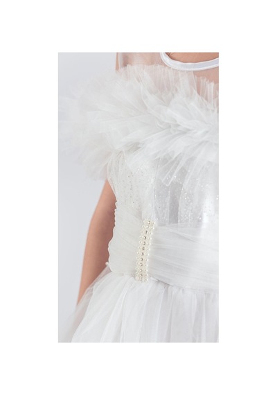 Mnk Baby & Kids Uzun Etek Kız Çocuk Robası Şifon Abiye M00723 Beyaz